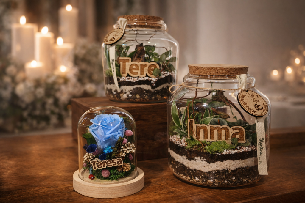 Terrrarios con grabados para bodas