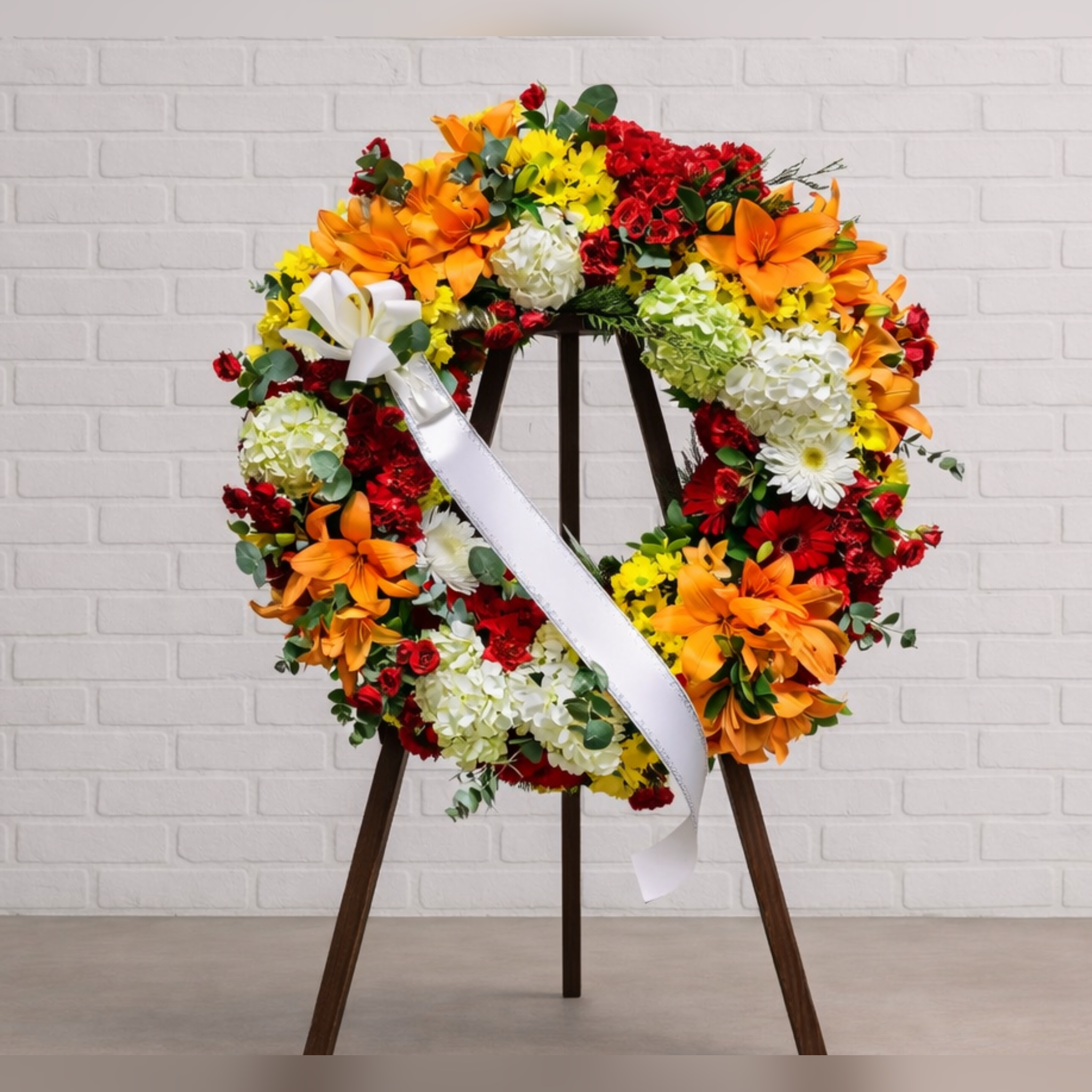 Corona fúnebre con colores naranjas